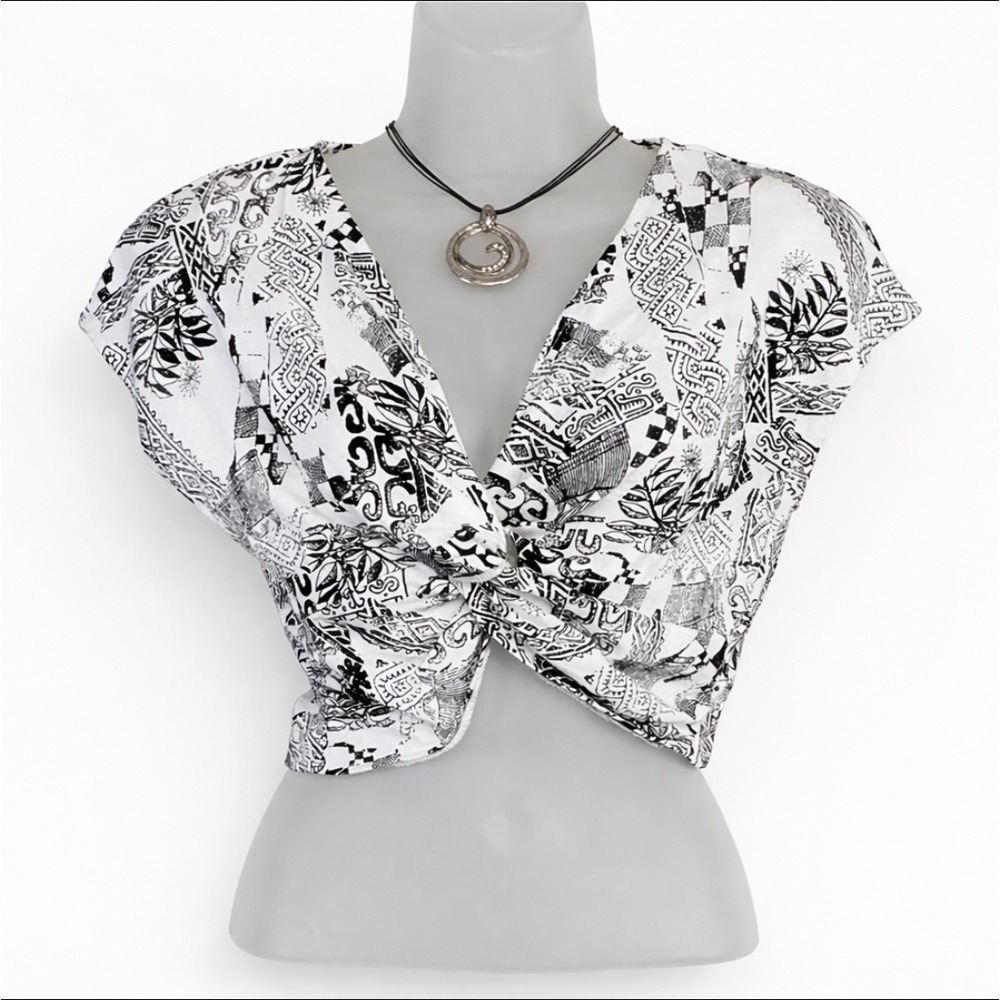 Vtg Rave Women Crop Top M Black White Tribal Twist Front Cotton Festival 90s Y2k